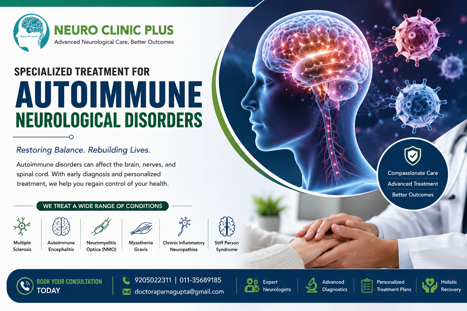 Neuro Clinic Plus banner for specialized treatment of autoimmune neurological disorders, showing a brain illustration, neurological conditions, and consultation details.