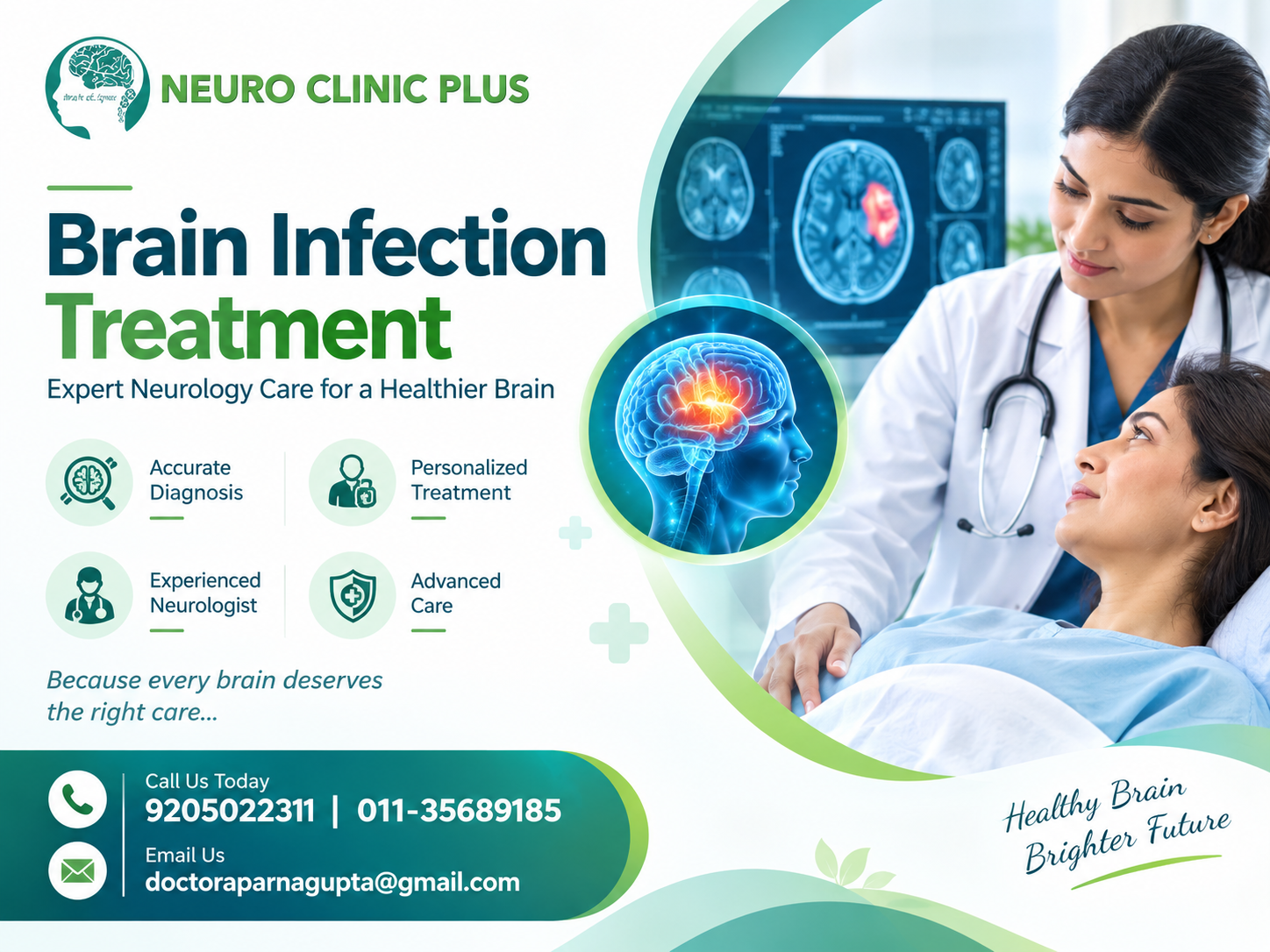 Brain infection treatment at Neuro Clinic Plus featuring an experienced neurologist, patient care, and brain scan imagery.