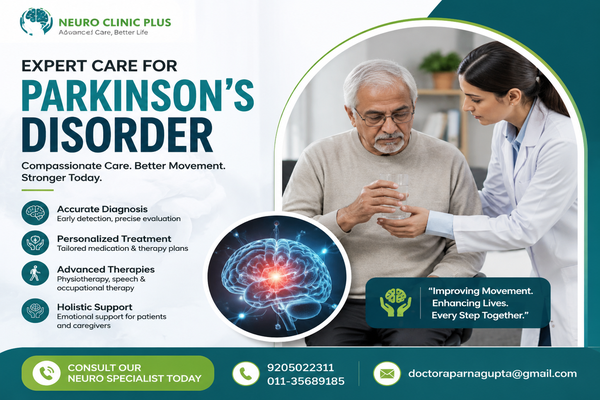 Dementia treatment care banner featuring a neurologist, an older adult with a brain and puzzle-piece illustration, and information about personalized neurological care in South Delhi.